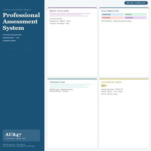 May include: A digital document bundle titled "Professional Assessment System" with a dark blue background. The bundle includes sections for mental status exams, case formulation, treatment plans, and a psychometric finder. Text includes "Instant Download" and "AU$47".