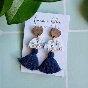 Polymer Clay Dangle Earrings, Navy Tassel, Terrazzo Blue Pattern, Lightweight