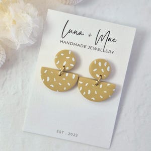 Polymer Clay Dangle Earrings, Mustard Yellow White Dash Semi Circle, Dotted White Pattern, Lightweight