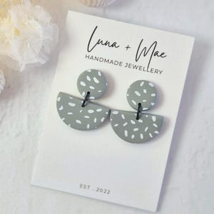 Polymer Clay Dangle Earrings, Sage Green White Dash Semi Circle, Dotted White Pattern, Lightweight