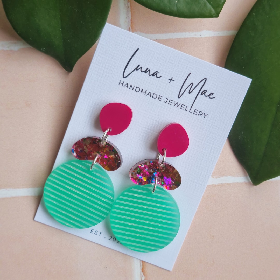 Acrylic Dangle Earrings, Bold Teacher Gifts, Pink Jelly Bean Shape