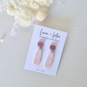 Acrylic Dangle Earrings, Plum Stud, Pink White Flower Pattern Design, Oblong Drop, Lightweight