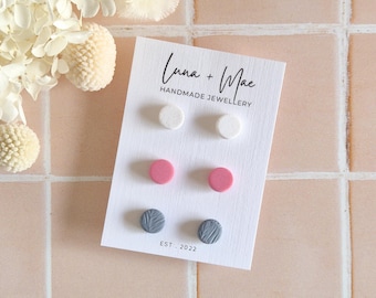 Polymer Clay Stud Earrings, Tiny Triple Pack, Circular, Children's Earrings, Multicolored, Lightweight, White Frost, Blush Pink, Vast Lake