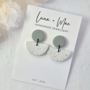 Polymer Clay Dangle Earrings, Sage Green Left Print Semi Circle, White Granite Pattern, Lightweight