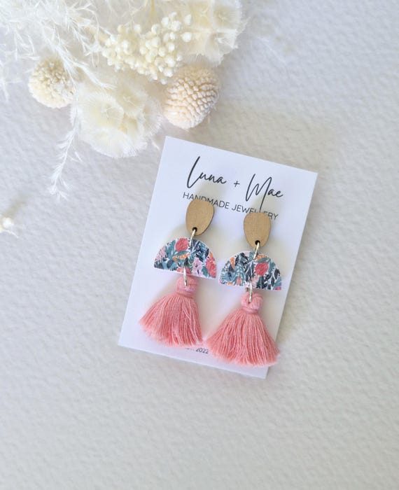 Polymer Clay Dangle Earrings, Lemonade Pink Tassel, Garden Floral