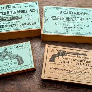 Cartridge Box: 50-round .44/.45, .38/.357 Sizes, All-Plastic with Vintage Replica Labels for Revolvers, Pistols, and Lever Action Rifles