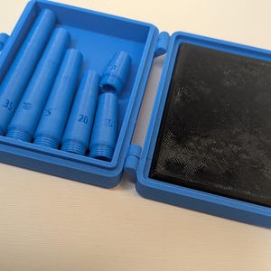 May include: A blue plastic case with five blue plastic nozzles. The nozzles are labeled with the numbers 38, 30, 25, 20, and 15. The case is open and the nozzles are visible.