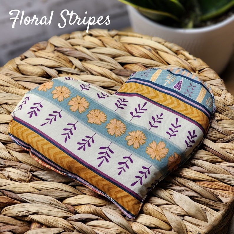 Heart shaped Weighted Eye Pillow Hot/Cold Aromatherapy options Flaxseed, Lavender Flowers, Peppermint Leaves, Rice, or Unscented Floral Stripes