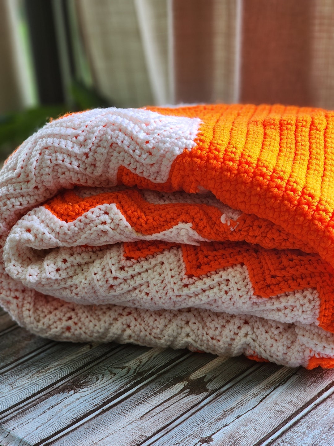 King Size Crochet Blanket Handmade Orange and White Chevron Etsy UK