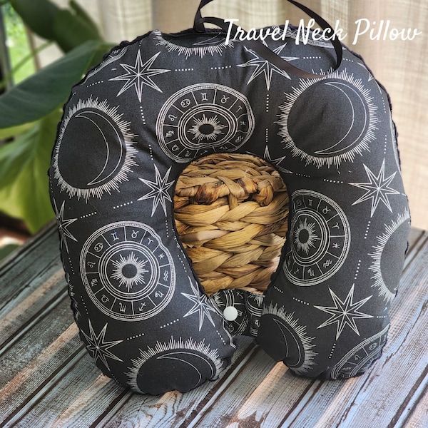 Travel Neck Pillow - Astrology in black Cotton and Black Cuddle Fleece Ultra Soft fabric neck support