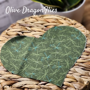 Heart shaped Weighted Eye Pillow Hot/Cold Aromatherapy options Flaxseed, Lavender Flowers, Peppermint Leaves, Rice, or Unscented Olive Dragonflies