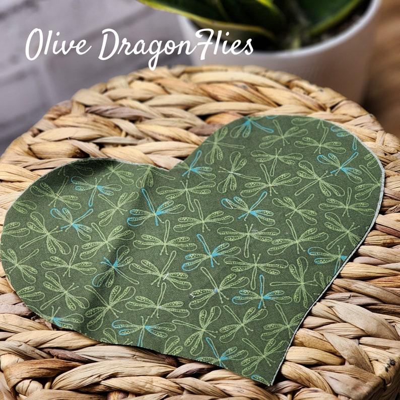 Heart shaped Weighted Eye Pillow Hot/Cold Aromatherapy options Flaxseed, Lavender Flowers, Peppermint Leaves, Rice, or Unscented Olive Dragonflies