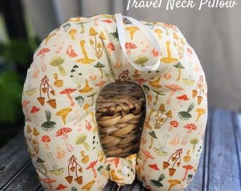 Travel Neck Pillow - Mushrooms Cotton and Olive Cuddle Fleece Ultra Soft fabric neck support