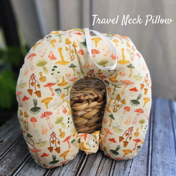 Travel Neck Pillow - Mushrooms Cotton and Olive Cuddle Fleece Ultra Soft fabric neck support