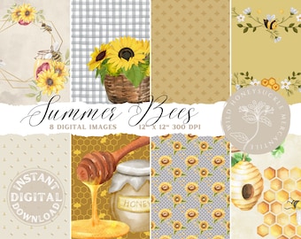 Summer Bees and Sunflowers 12" x 12" Digital Scrapbook Paper | 8 Designs | Instant Download | Printable