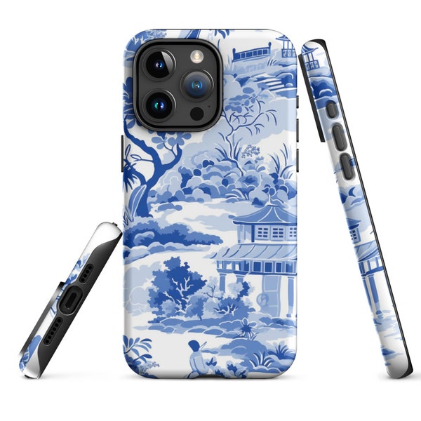 Blue Chinoiserie Toile iPhone Tough Case- Dual-Layer Protection, Impact-Resistant, Fashionable Artistry, Induction Charging.