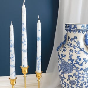 Chinoiserie Toile Taper Candles: White and Blue Unscented Wax - Set of 2