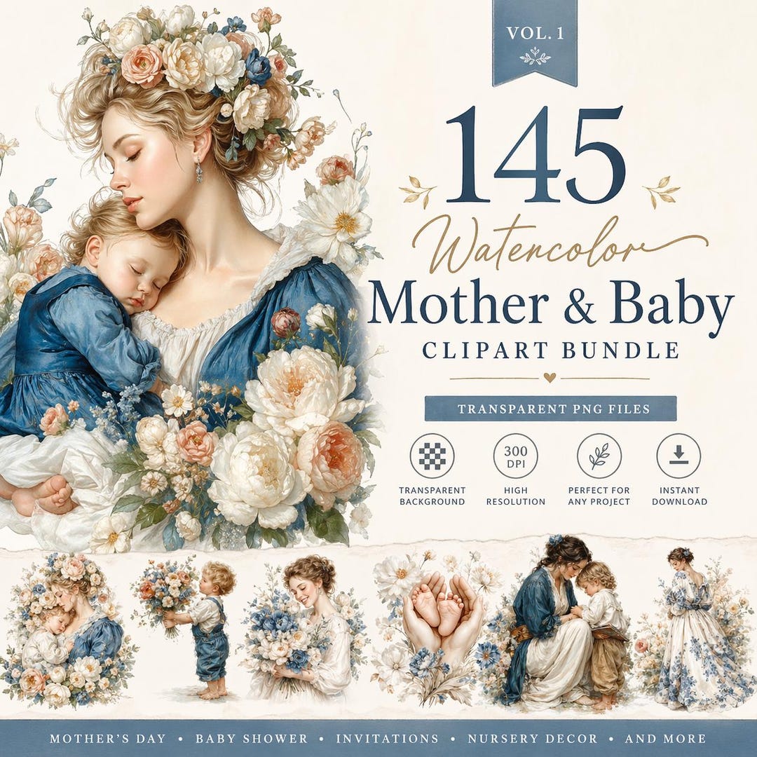 Watercolor Mother's Day Clipart Bundle | Vintage Mom Baby Floral ...
