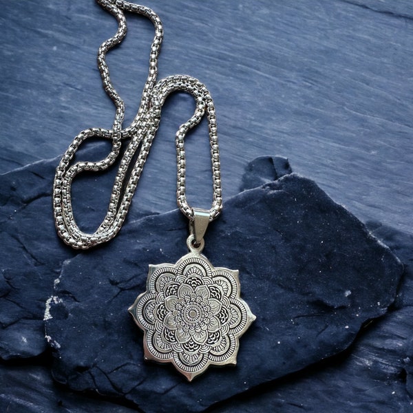 Mandala necklace with gift pouch, stainless steel jewelry, inspiration christmas gift for friend, Lotus flower spiritual accessories