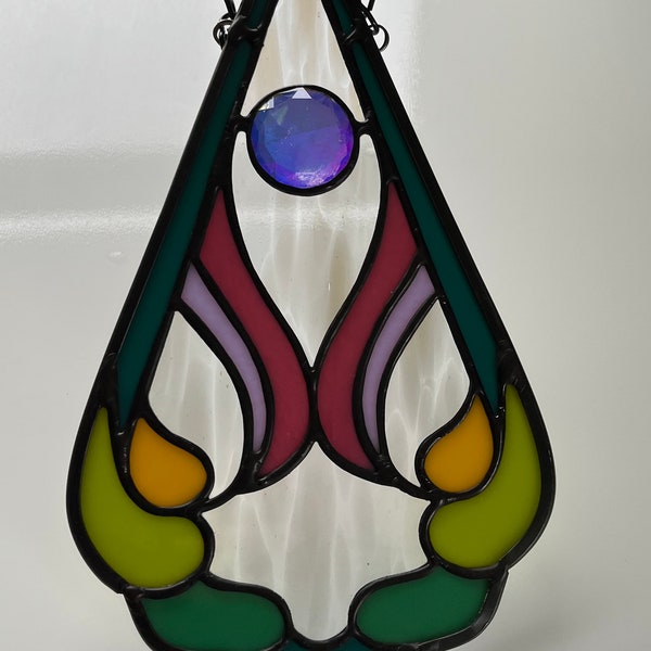 Colorful modern stained glass suncatcher with dichroic gem, neon stained glass wall hanging, teardrop home decor, funky window hanging