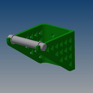 May include: A green plastic toilet roll holder with a white metal roll bar. The holder has a triangular pattern on the front.