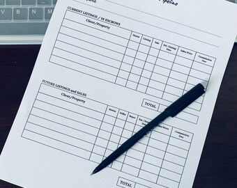 Puede incluir: Una hoja de cálculo de canalización de bienes raíces imprimible en blanco y negro con columnas para cliente/propiedad, estado, listado, venta, fecha de cierre estimada, precio de venta y comisión debida. La hoja de cálculo está dividida en dos secciones: listados actuales/en custodia y listados y ventas futuros.