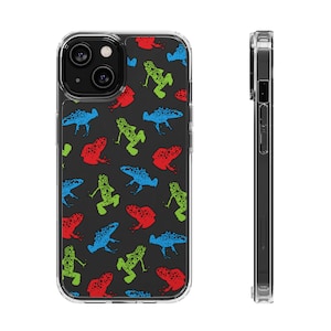 May include: A clear phone case with a black background and a repeating pattern of colorful frogs. The frogs are in shades of red, blue, and green.