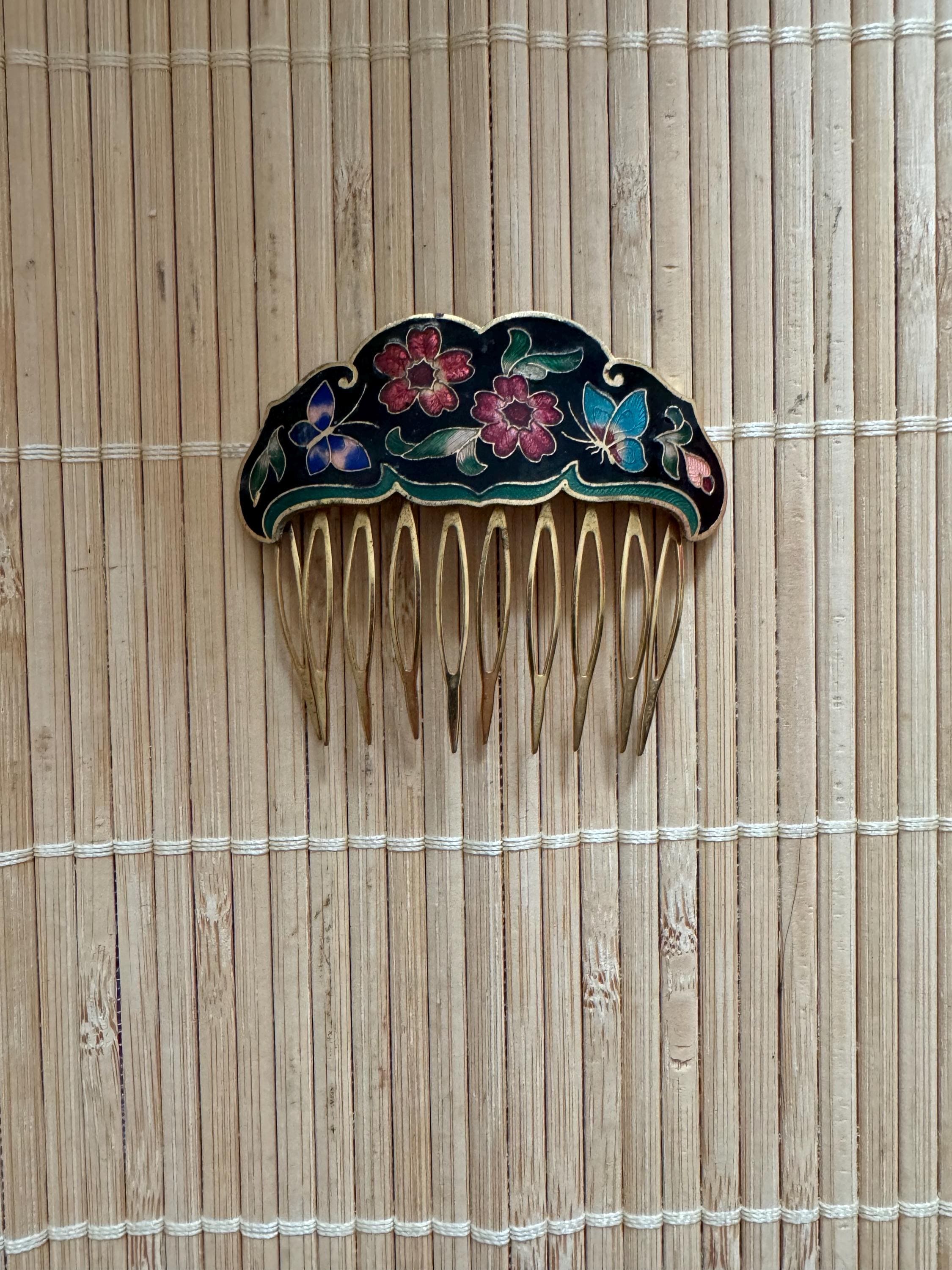 Elegant  Cloisonne Blue Floral Hair Comb, EUC Dusty blue wedding hair comb Small bridal hair piece Blue main image 3