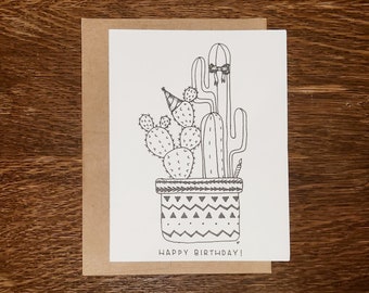 Cactus Birthday Card - Hand-drawn Birthday Card - Happy Birthday Cacti Party Card