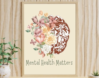 FLORAL Brain Art, Mental Health Matters School Counselor Office Decor School Psychologist Therapy Office Decor  Neurology Art