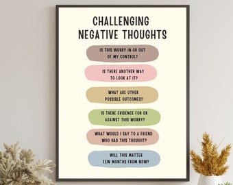 Challenging Negative Thoughts Poster, Therapy Office Decor, Anxiety Coping Skills School Counselor Psychology Gift CBT Therapy Mental Health