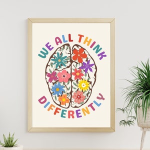 Neurodiversity Brain Art Poster, Therapy Office decor, We All Think Differently Print CBT school Psychologist School Counselor Office decor