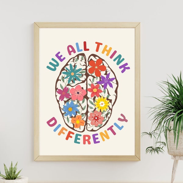 Neurodiversity Brain Art Poster, Therapy Office decor, We All Think Differently Print CBT school Psychologist School Counselor Office decor