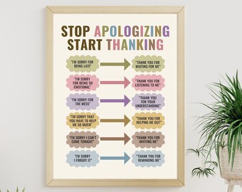 Stop Apologizing and Start Thanking Poster Therapy Office decor Growth Mindset Mental Health Social Emotional Learning Self Care Self Esteem