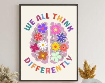 Neurodiversity Poster Brain Art We All Think Differently Therapy Office Decor CBT DBT EMDR school Psychologist School Counselor Office decor