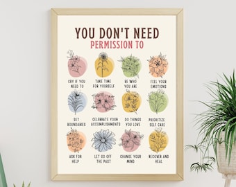 You Don't Need Permission Poster, Therapy Office decor Boundaries Setting Print Psychologist School Counselor Social Worker Office decor cbt