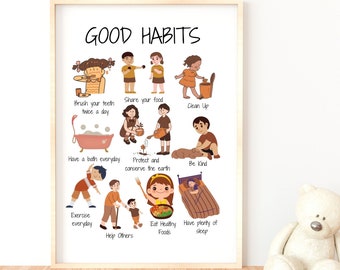 Good Habits Poster, Kids Activity, To Do List Printable, Boho Classroom Decor Montessori Printable Nursery Homeschool Wall Prints Self Care