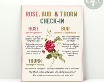 Rose Bud and Thorn Mental Health Check in Poster, Daily Checklist, Therapy Office Decor Self Care Check In Psychologist School Counselor CBT