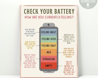 Check Your Battery Poster, Feelings Chart, Emotions Poster, zones of regulation, Psychologist School Counselor Therapy Office Decor DBT CBT