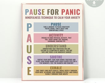 Pause for Panic Trauma Recovery Poster for Anxiety Relief, Therapy Office decor, Pause Mindfulness Poster Calm Corner, School Counselor CBT