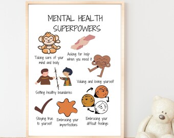Mental Health Superpowers Poster, School Counselor Office Decor, School Psychologist Decor Classroom Decor, Therapist Office Counseling Aid
