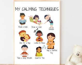 Printable Calming Techniques For Kids, Calm Corner Preschool Educational Poster, Calm Down Zone Nursery Montessori Classroom Wall Art Decor