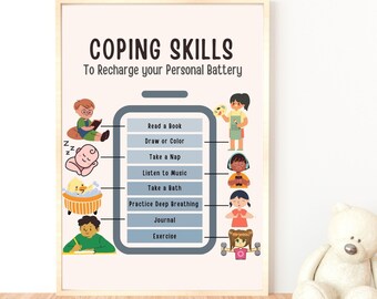Coping Skills for Stress Relief, Calming Strategies, Self Care Therapy Poster, Anxiety Relief, Mental Health Coping Strategy, Psychology Art