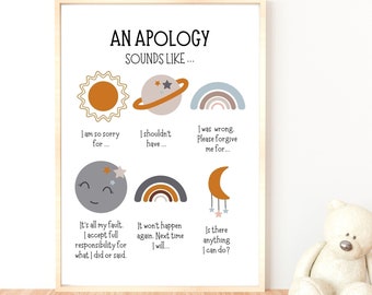 Therapist Office decor, Apology sounds like, How to say Sorry Poster, School Counselor, Boho Classroom playroom rules, psychology art print