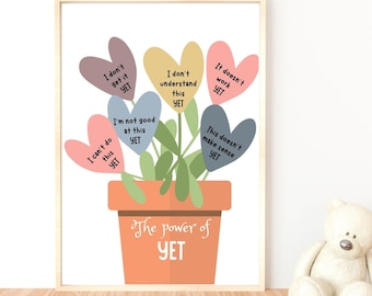 POWER OF YET, growth mindset classroom poster, positive kids room decor, therapist, counseling office, school counselor, school psychologist