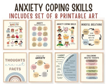 Anxiety Coping Skills, Therapy Office Decor, Set of 8 Counseling posters, School Counselor,  Calm Corner, Therapist, Psychologist Gift