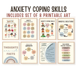Anxiety Coping Skills, Therapy Office Decor, Set of 8 Counseling posters, School Counselor,  Calm Corner, Therapist, Psychologist Gift