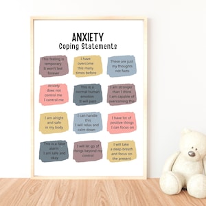 Declaraciones de afrontamiento de la ansiedad, Rincón de calma, Afirmaciones positivas, Póster de terapia, Salud mental, Atención plena, Habilidades de afrontamiento de los niños, Arte de autocuidado