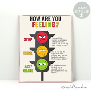 Puede incluir: Un póster imprimible con un tema de semáforo para ayudar a los niños a aprender a controlar sus emociones. El póster presenta tres luces: roja, amarilla y verde, cada una con una cara correspondiente y un mensaje. La luz roja dice "Stop" y sugiere respirar profundamente o contar hasta diez. La luz amarilla dice "Piensa" y anima a los niños a pensar en diferentes formas de manejar la situación. La luz verde dice "Actúa/Comparte" y sugiere elegir la mejor manera de responder o hablar con una persona de confianza.