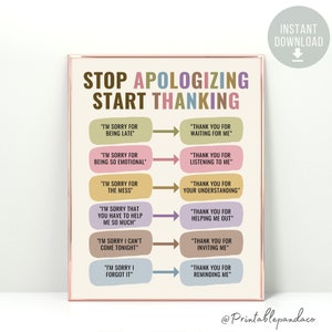 Stop Apologizing and Start Thanking Poster Therapy Office decor Growth Mindset Mental Health Social Emotional Learning School Counselor CBT